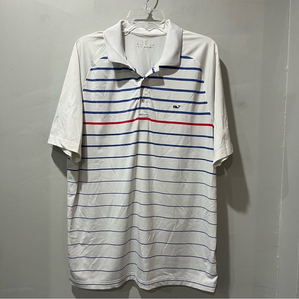 Vineyard Vines White Polo with Blue and Red Stripes